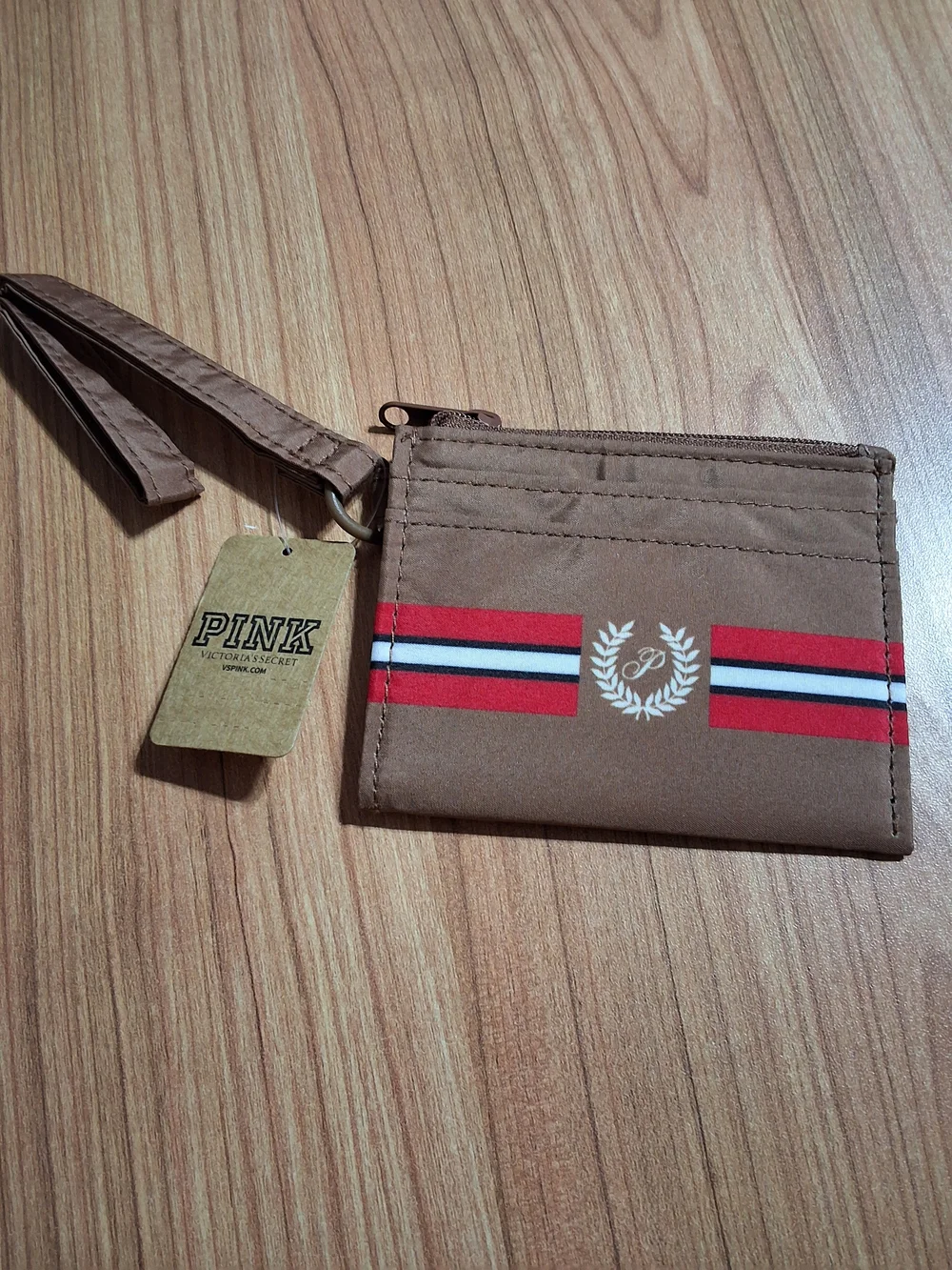 PINK Victoria's Secret Brown Canvas Card Wallet with Red and White Stripe
